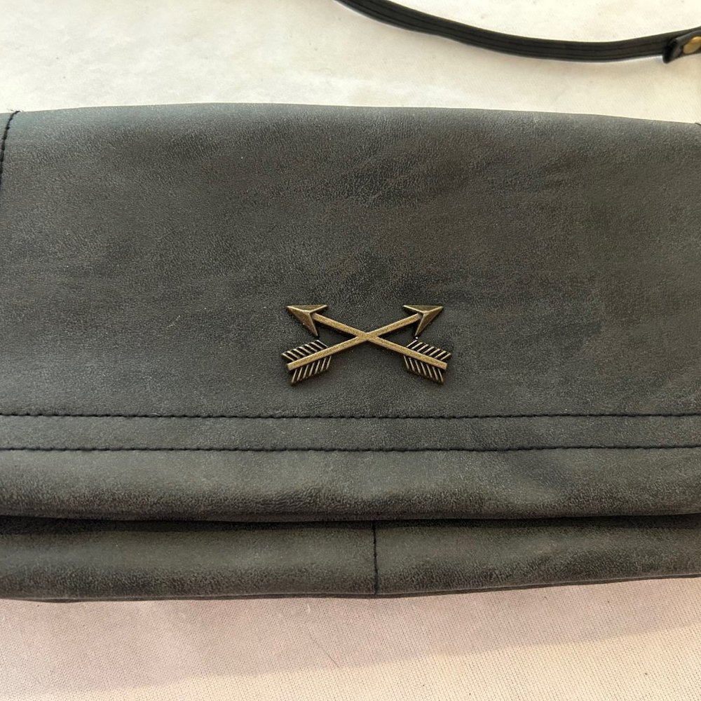 Gray Suede Crossbody Bag with Cross Arrows on the Front